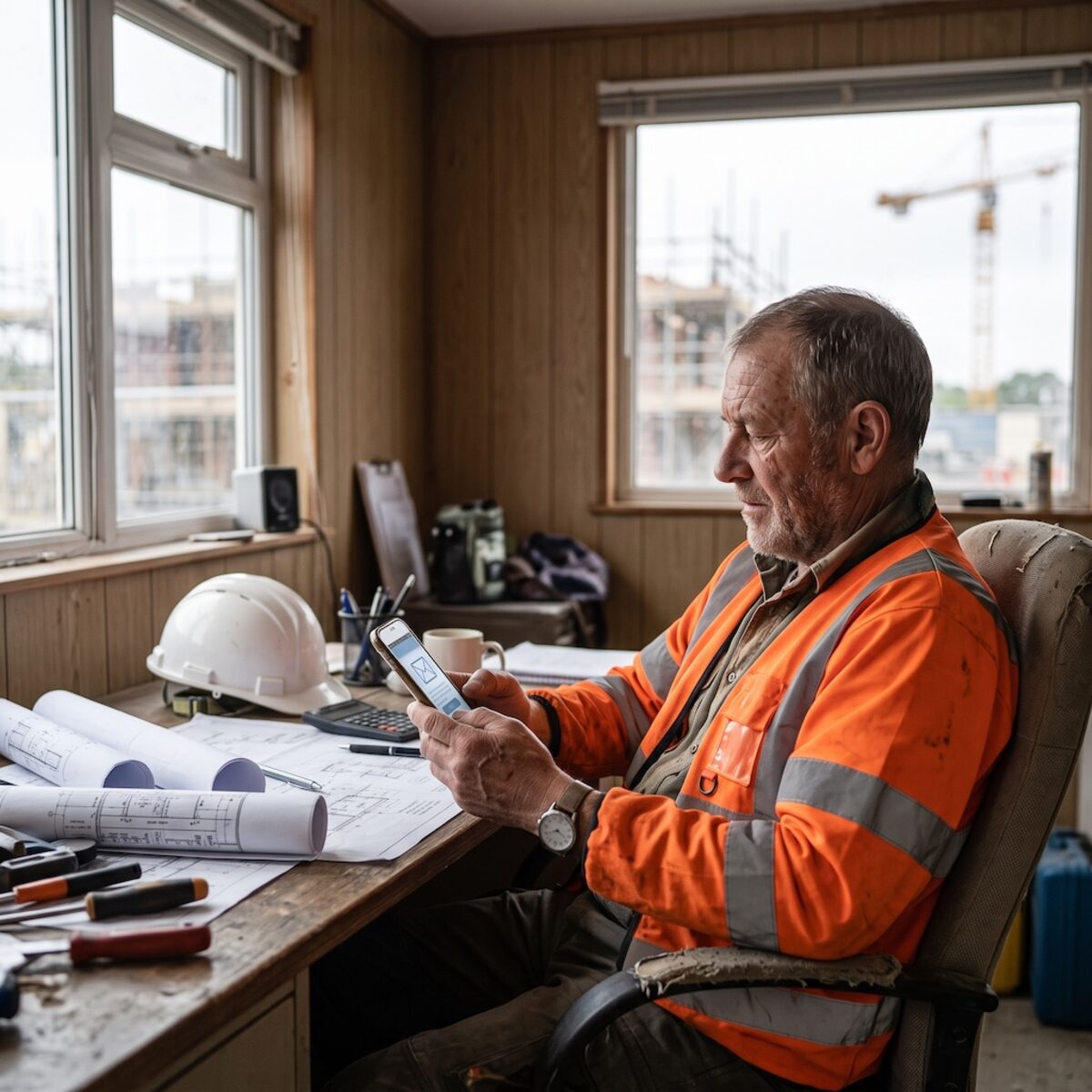 Worker checking an email invite on their phone