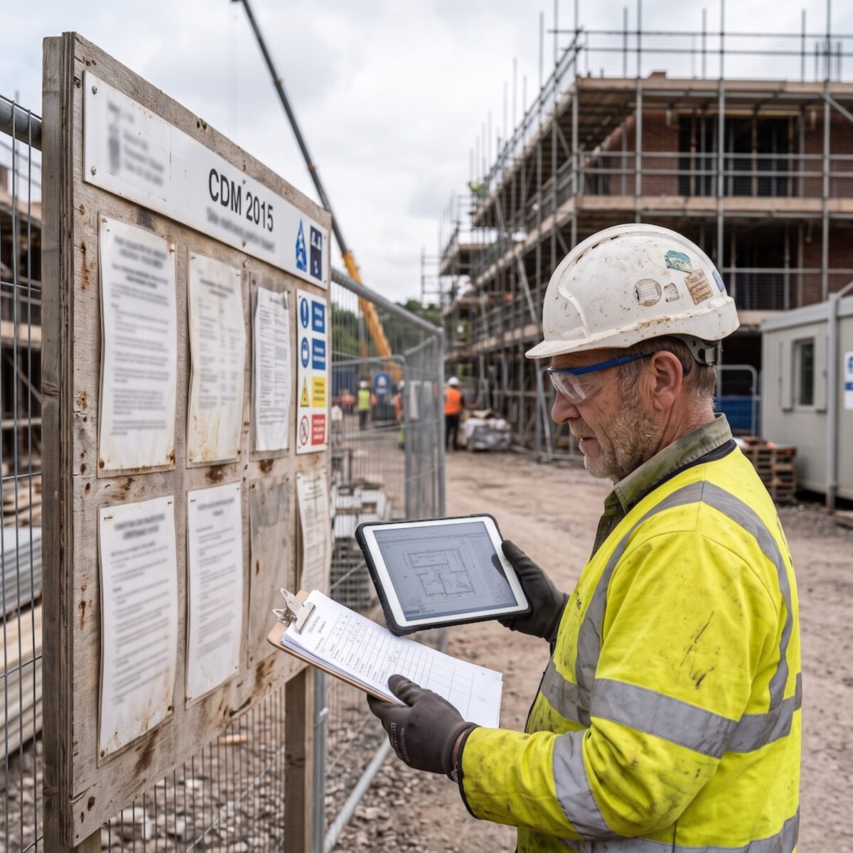 Site manager reviewing CDM 2015 site notice board