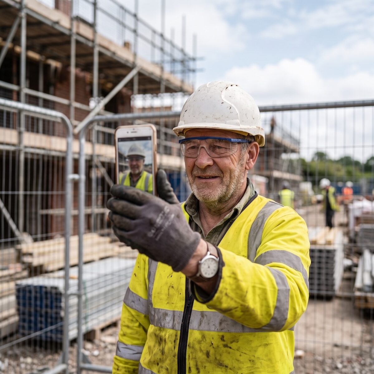 Worker completing photo verification on site