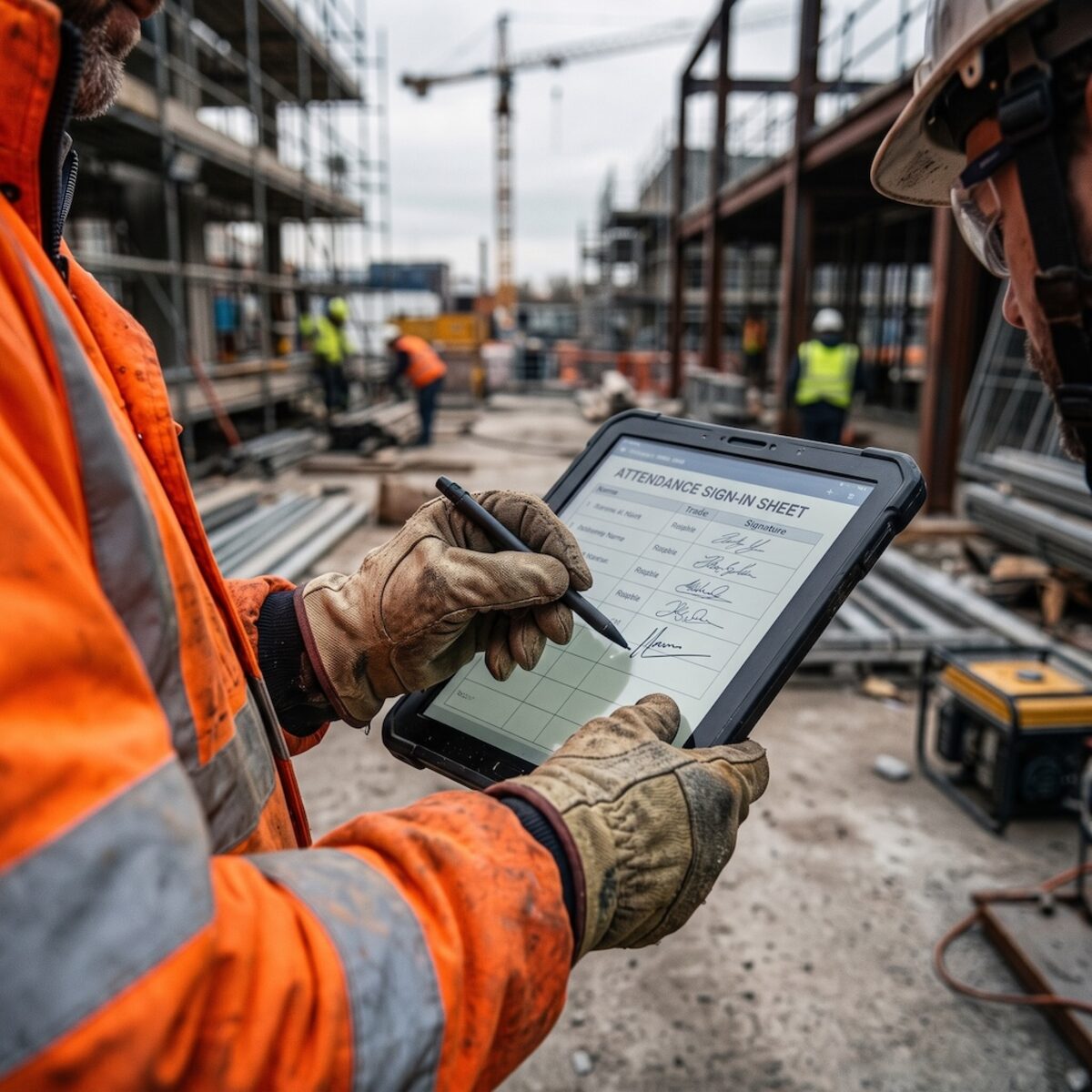 Worker signing a toolbox talk attendance record on a tablet